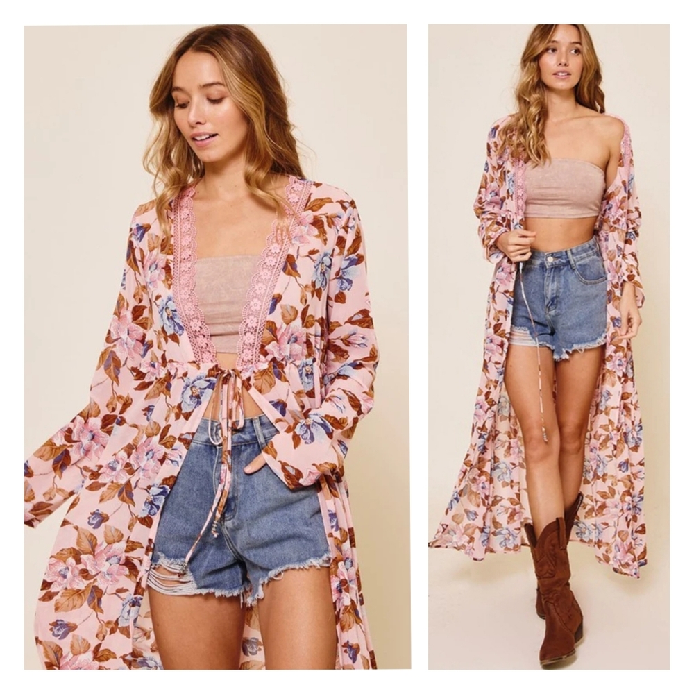 Pink flowy floral boho long midi length lace trim self tie kimono cardigan